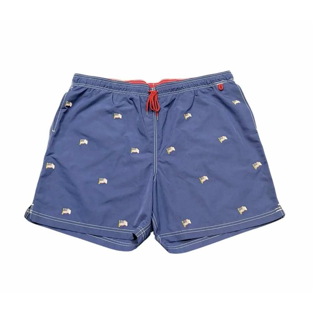 Lands End Swim Trunks Mens XXL Blue Embroidered Patriotic American Flags Lined